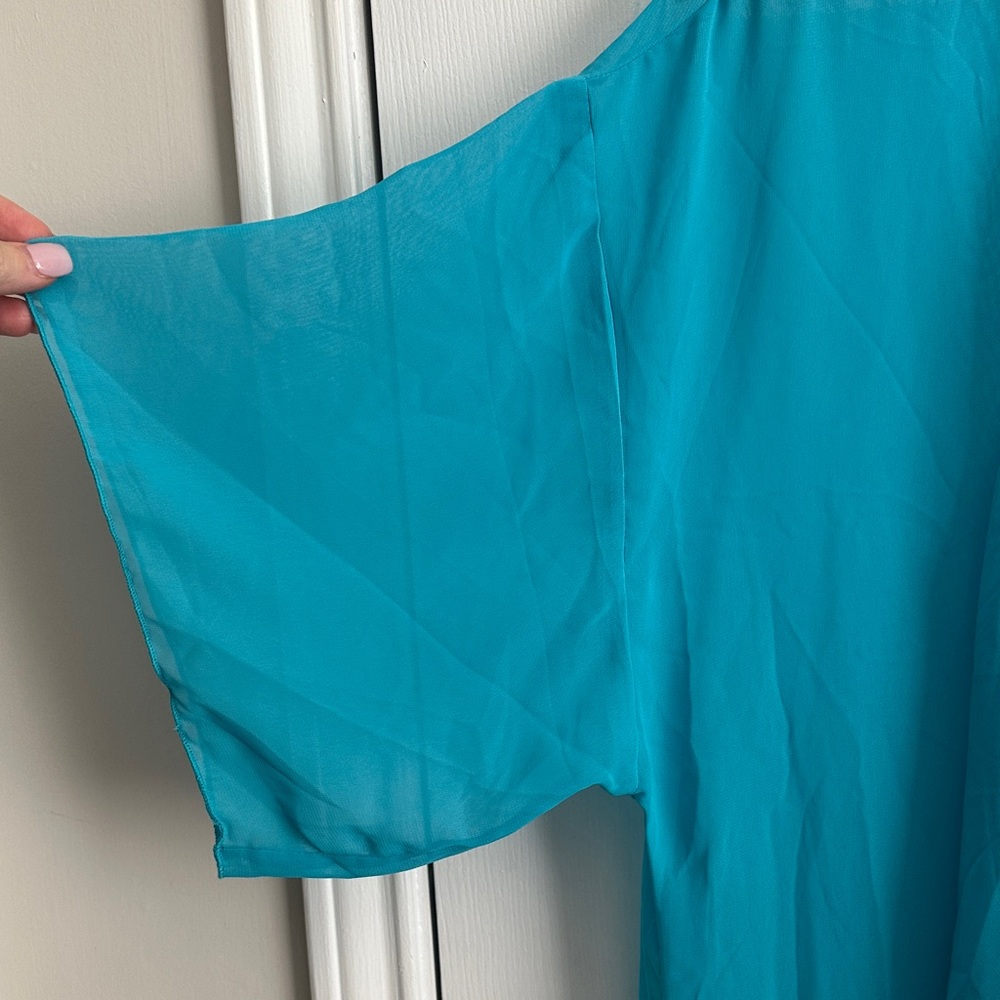 LuLaRoe Teal and Yellow Fringe Kimono - Picture 6 of 7
